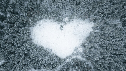 Heart-shaped clearing in a snow-covered forest, a symbol of love and serenity. © Pavel Babic