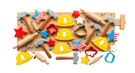 Workbench full of decorated cookies shaped like hammers hard hats and stars Labor Day baking set isolated on white background