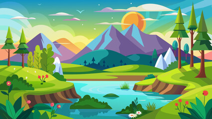 Fototapeta premium Vector art of serene mountain range with a calm river, rolling green hills, and trees, bathed in the warm light of sunrise or sunset