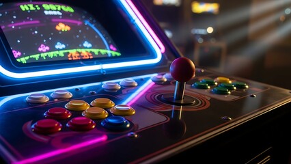 A retro arcade machine glows with neon lights, inviting gamers to play classic titles, chase high scores, and relive the golden age of arcade gaming.