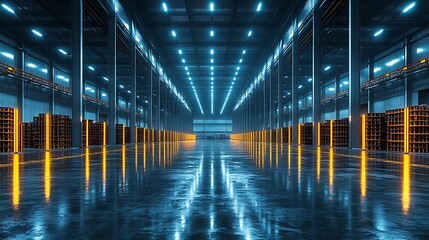Obraz premium Empty warehouse interior with vibrant neon lighting.