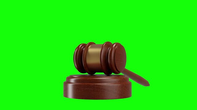 A wooden judge's gavel on a green chroma key background, ideal for video compositing, keying, and 3d animation projects