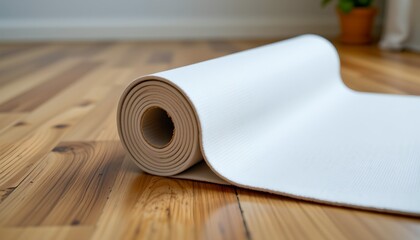 an unrolled roll of material, likely a yoga mat given its texture and the way it's presented
