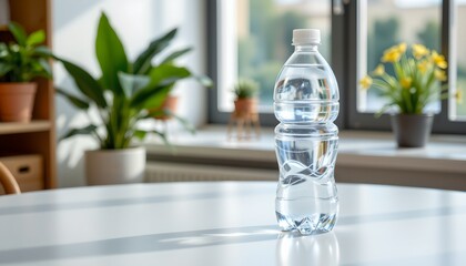 a bottle of water is prominently placed on a table in a room with plants and natural light streaming through windows