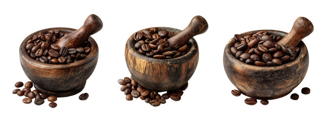 Obraz premium Coffee Beans in Wooden Bowls with Pestle for Culinary Use