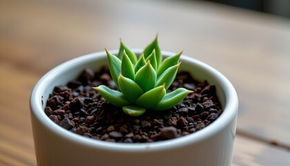 a small succulent plant is placed in a shallow ceramic pot filled with soil. it sits on top of a dark wooden surface
