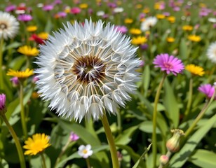 a dandelion seedhead prominently in the center of a field filled with vibrant wildflowers.