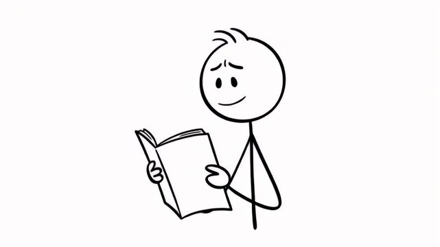 Smiling Stick Figure Joyfully Reading a Book Animation Isolated on White Background Depicting Education and Literacy Concept with Simple Line Art Perfect for Adobe Stock Illustration and Clip Art