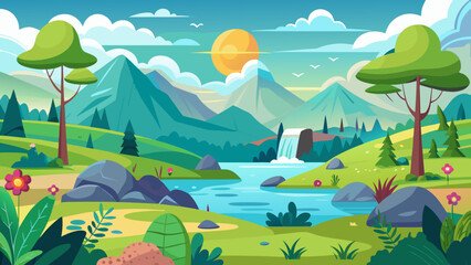 Obraz premium Vector art of vibrant cartoon landscape with majestic mountains, a flowing river, and a cascading waterfall under a bright sun and blue sky with fluffy clouds