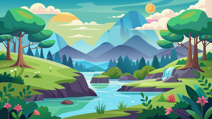 Obraz premium Vector art of peaceful cartoon landscape with a gentle river meandering through lush green hills and forests towards distant blue mountains under a soft sunset
