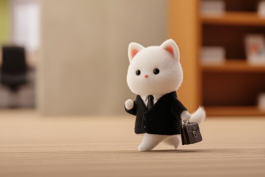 White cat in black suit holding briefcase, cartoon business scene with wooden bookshelf background, warm-toned illustration.