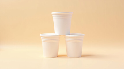 White disposable cups stacked in a pyramid on a neutral beige background.