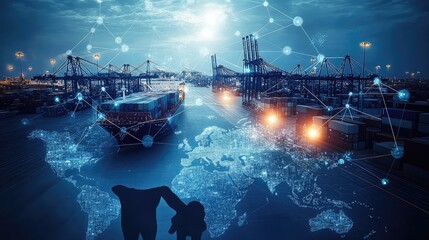 A global logistics network with a world map overlay on a busy port terminal with a truck and cranes. A concept for a smart supply chain, IoT, and the digitalization of international trade.