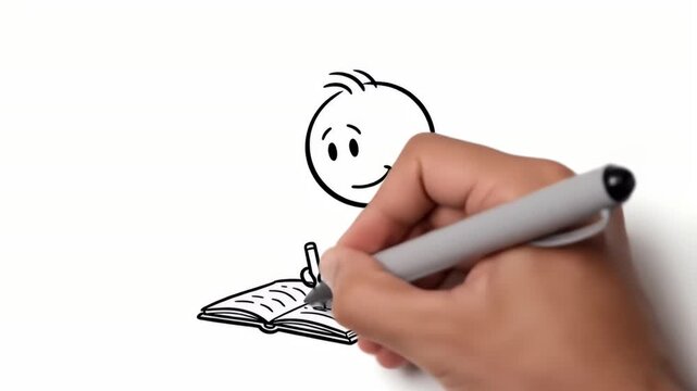 Writing on Notepad with Smile Stickman Illustration on White Backdrop and Hand Holding a Black Pen Eye Level Animated Video Perfect for Explaining Concepts with Stickman Stick Figure