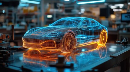 Holographic interface showing a 3D wireframe model of a concept sports car on a workbench. Concept for augmented reality in automotive engineering, EV battery development, and innovative R&D.