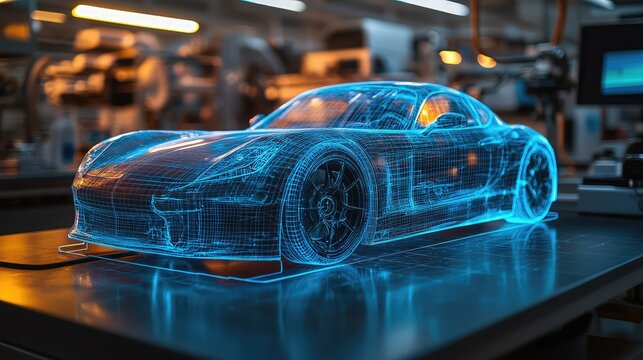 Holographic interface showing a 3D wireframe model of a concept sports car on a workbench. Concept for augmented reality in automotive engineering, EV battery development, and innovative R&D.