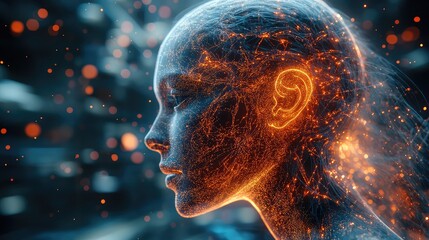 The profile of a woman's face covered with a glowing pink neural network. A futuristic concept for artificial intelligence (AI), digital identity, biotechnology, and neuroscience.