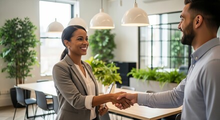 Collaborative agreement between an african american woman and a caucasian man in modern office space