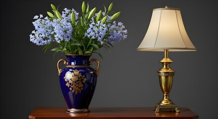 luxurious interior scene deep blue ceramic vase, intricately decorated with golden patterns holding flowers and vintage table lamp with a cream-colored shade and brass base emits a warm, inviting glow