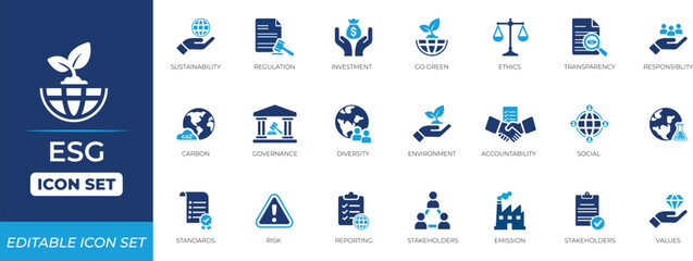  ESG icon set. Solid icons collection design.