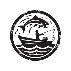 Angler reeling in a leaping fish from a boat vintage style illustration.