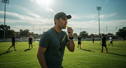 male coach blowing whistle practice on field