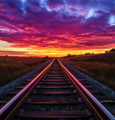 A dramatic low-angle view of a railway track receding into the distance, with a vivid pink and purple-colored cloudy sky at sunrise or sunset.