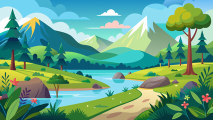 Fototapeta premium Vector art of vibrant cartoon landscape with a winding river flowing through a lush green valley towards majestic mountains under a bright blue sky with fluffy clouds