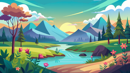 Vector art of serene mountain vista featuring a gentle river, verdant hills, and blooming flowers, bathed in the warm glow of the setting sun under a colorful, cloudy sky