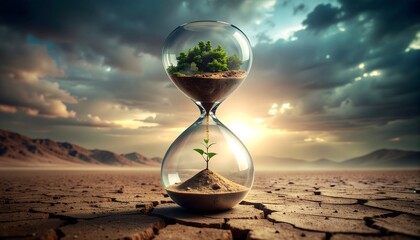 A surreal hourglass in a desert, where a lush forest gives life to a new sprout. A powerful concept of hope, regeneration, new beginnings, and environmental recovery.