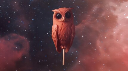 Fototapeta premium A reddish-brown owl figurine on a stick, set against a backdrop of starry space.