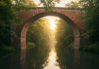 Rust Red Brick Arch Bridge Over Calm River at Sunrise