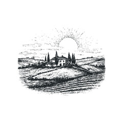 Sketch of sunlit vineyard landscape with farmhouse and cypress trees