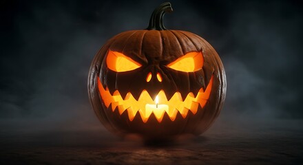 Spooky Halloween Pumpkin with Glowing Face in Dark Atmosphere