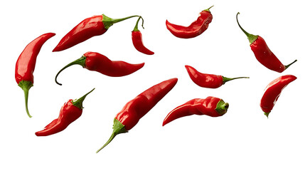 Falling red chili peppers isolated on transparent background, Cut out png
