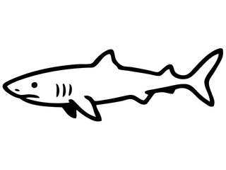 A minimalist black outline illustration of a shark. The design shows the shark in profile, with a streamlined body, pointed snout, dorsal fin, and forked tail.