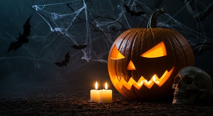Sinister carved pumpkin with a glowing face on a dark Halloween night with candles, a skull, and spooky cobwebs