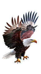 Obraz premium Majestic bald eagle with wings spread in mid-flight against a white void