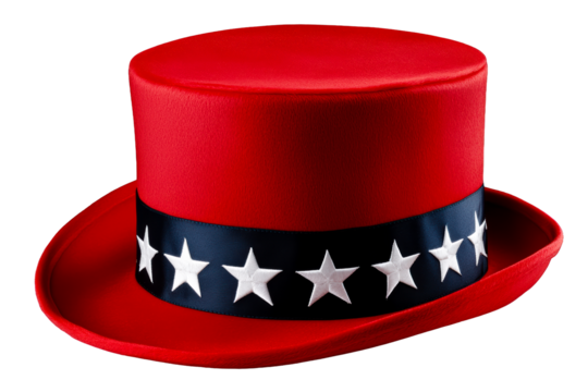Red top hat with white stars on a dark blue band