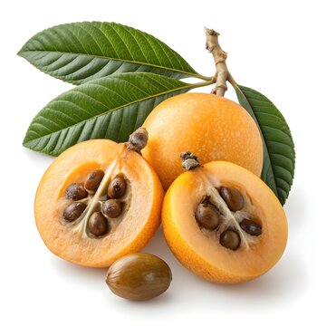 Kusunoki Loquat Glorious and Juicy Golden-Orange Fruits with Velvety Smooth Skin and Sweet Tropical Aroma on Pristine White Background