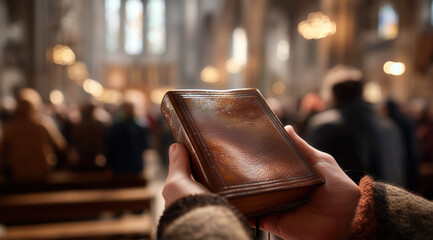 Hand Holding Bible in Church During Worship Service