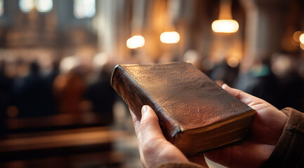 Close-Up of Bible in Church with Congregation in Background