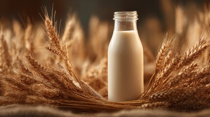 Organic milk bottle nestled in golden wheat stalks. Harvest season