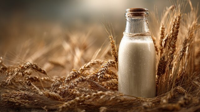 Organic milk bottle nestled in golden wheat stalks. Harvest season