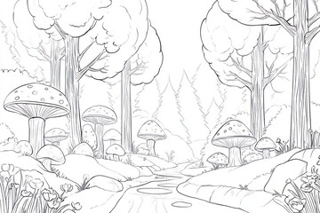 Black and white forest scene with mushrooms and a stream