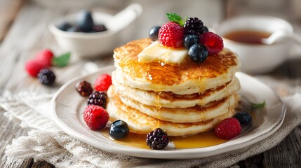 Stacked plate of American pancakes drizzled with maple syrup and topped with fresh berries, creating a cozy breakfast scene.