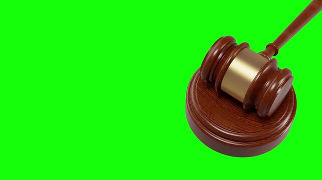 Wooden judge's gavel on a bright green screen, suitable for keying and video effects in animation and 3d renders