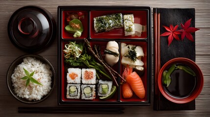 Fototapeta premium Japanese bento box featuring seasonal touches and neatly divided side dishes on a lacquered wood tray.