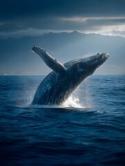 Humpback whale breaches the deep blue ocean, illuminated by sun rays filtering through sea mist and shimmering waves.