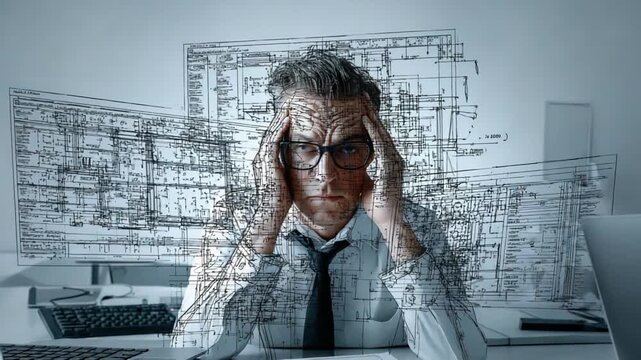 Overwhelmed: An architect grapples with intricate blueprints, his face etched with stress, embodying the mental strain of complex projects.
